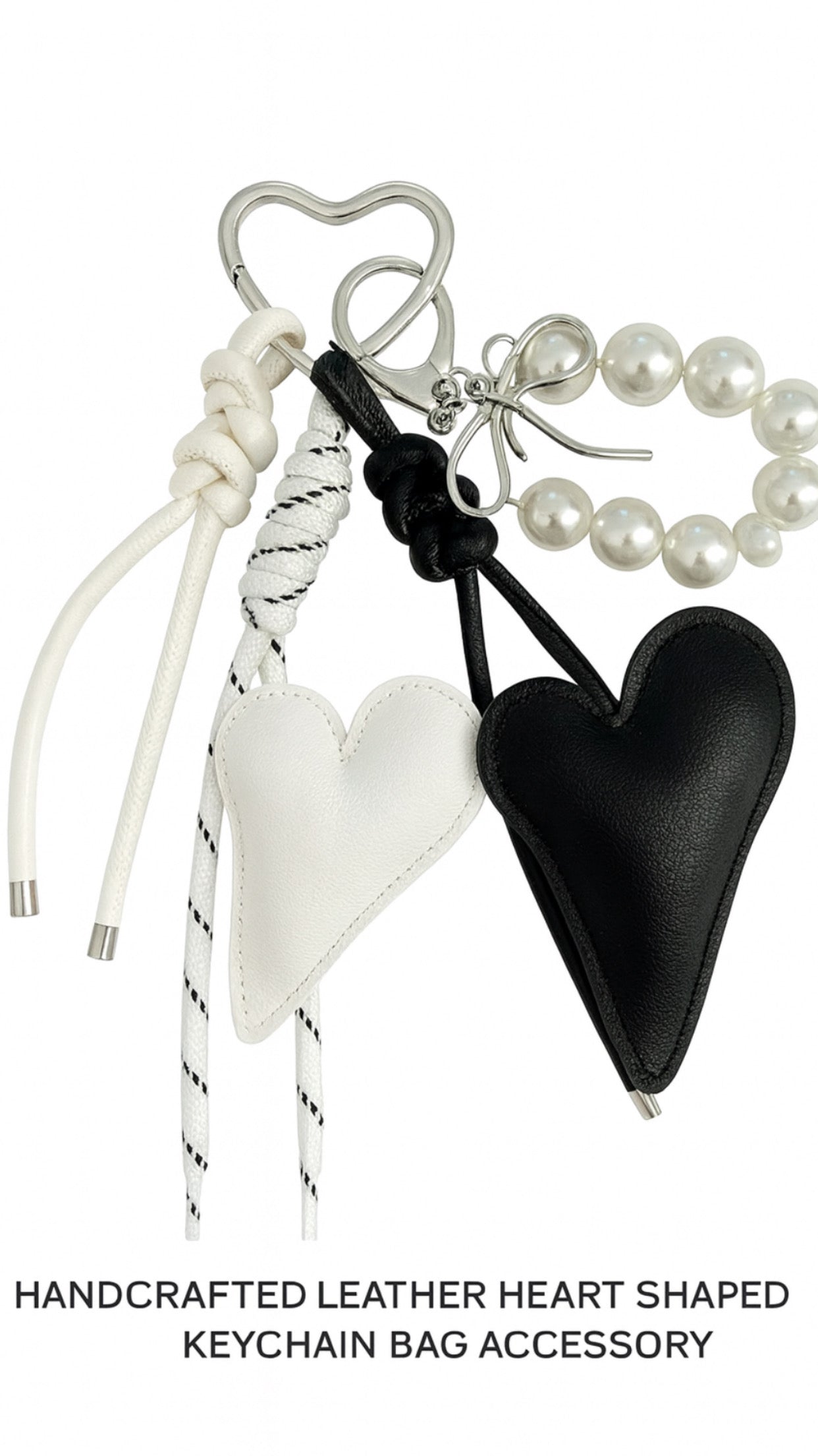 Heart-shaped, pink, white, and black keychain