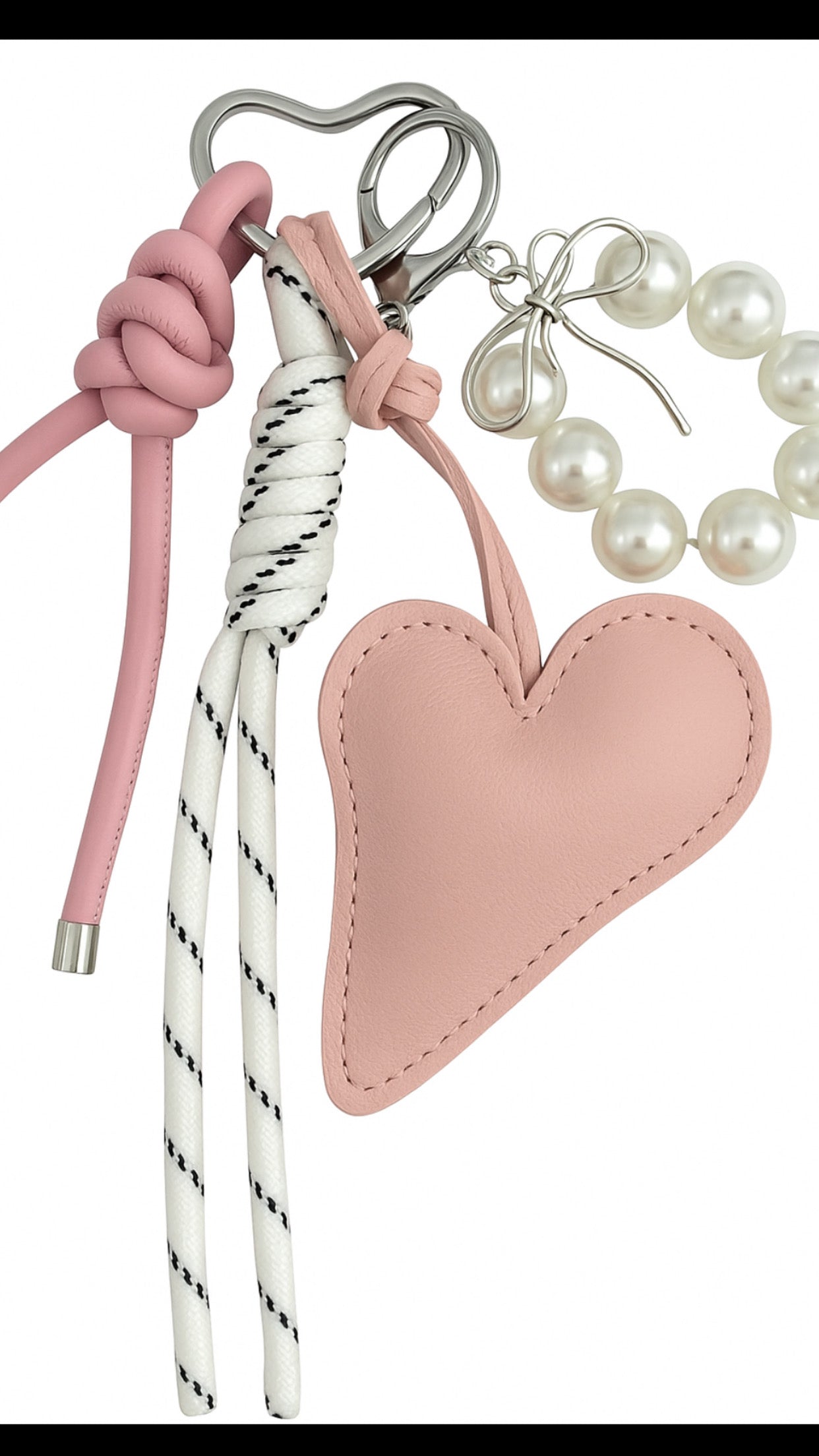 Heart-shaped, pink, white, and black keychain