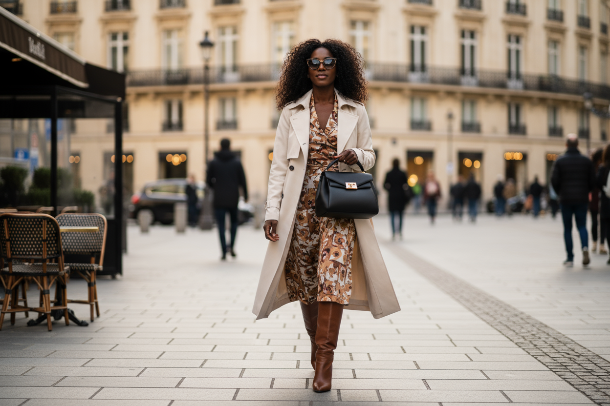A black woman walking with a purse 